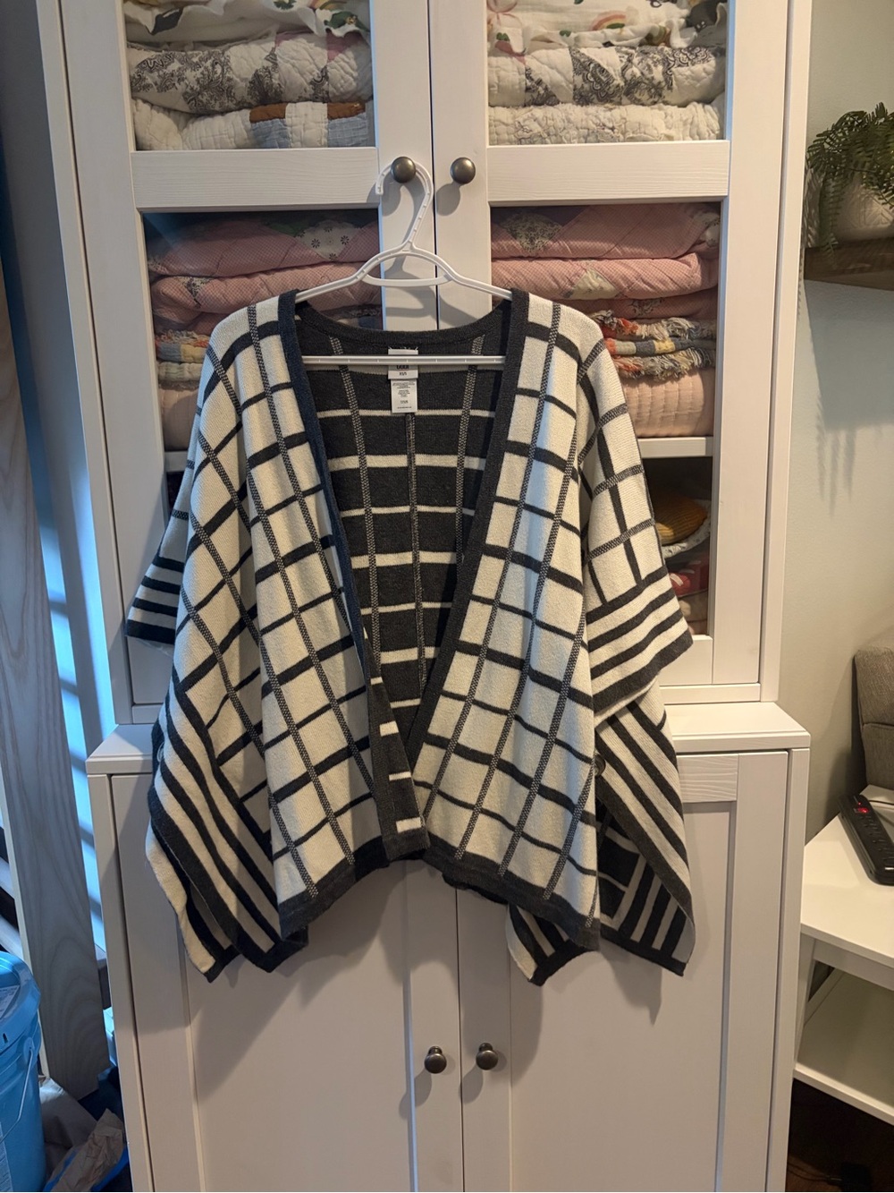 CAbi Black and White Grid Ruana Sweater